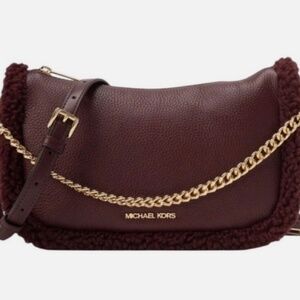 BNWT Michael Kors Carmela Pouchette M Burgundy Oxblood Shearling Leather Xbody